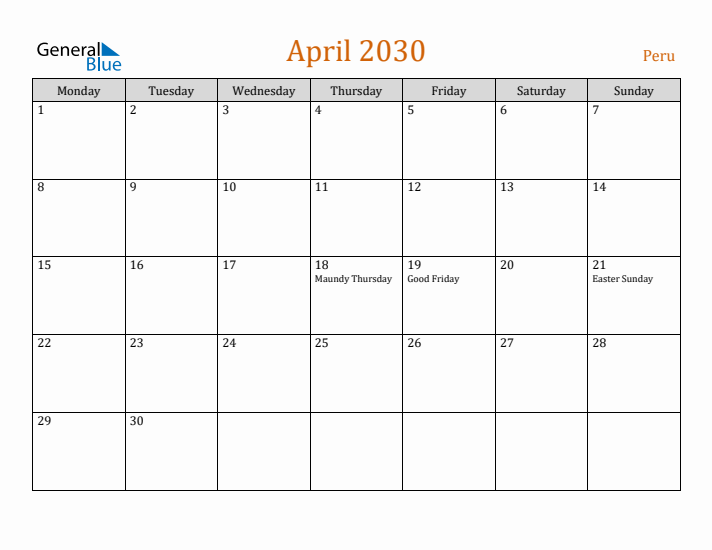 April 2030 Holiday Calendar with Monday Start