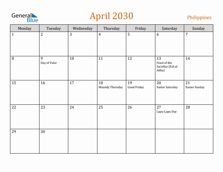 April 2030 Holiday Calendar with Monday Start