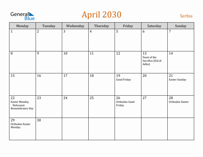 April 2030 Holiday Calendar with Monday Start