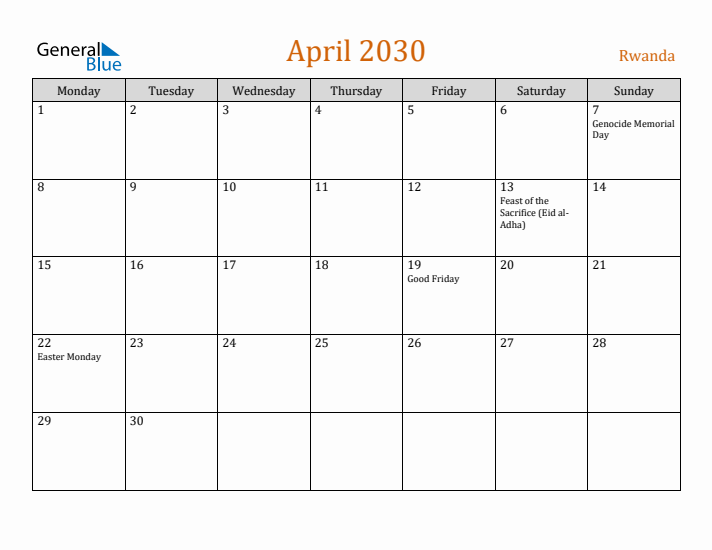 April 2030 Holiday Calendar with Monday Start