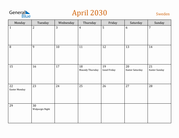 April 2030 Holiday Calendar with Monday Start