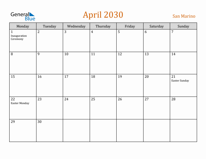 April 2030 Holiday Calendar with Monday Start