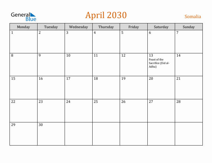 April 2030 Holiday Calendar with Monday Start