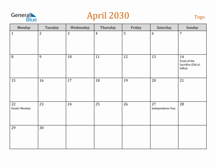 April 2030 Holiday Calendar with Monday Start