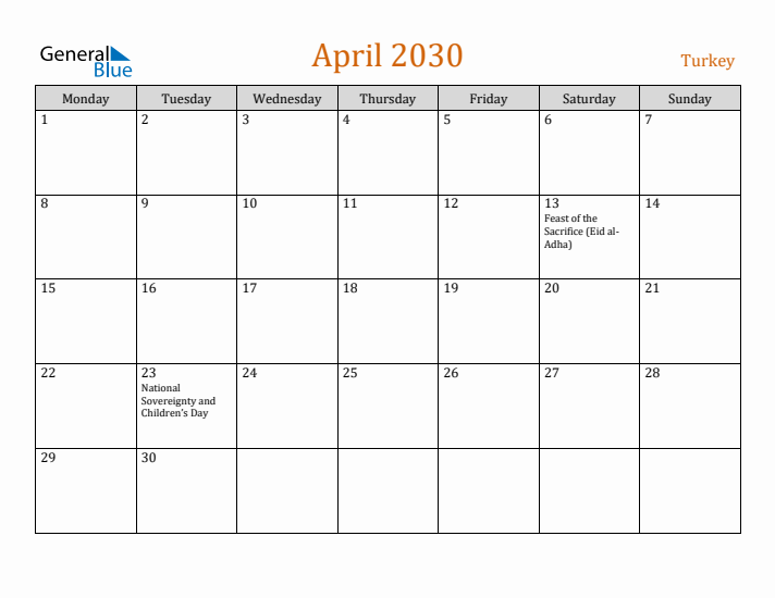 April 2030 Holiday Calendar with Monday Start