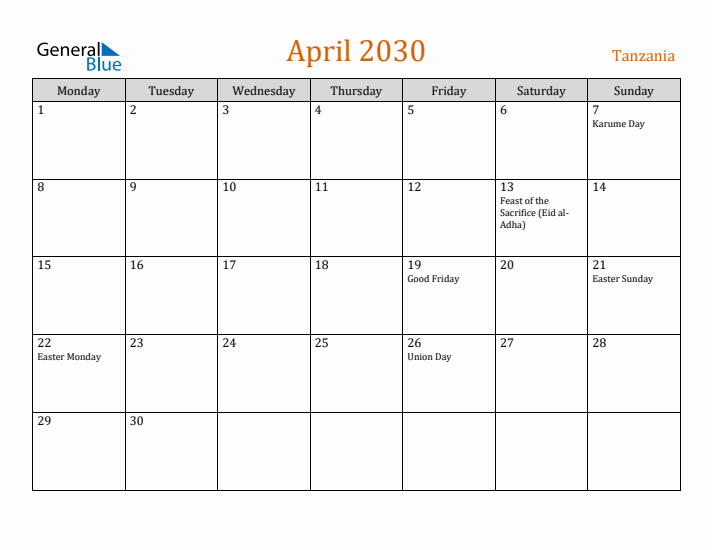 April 2030 Holiday Calendar with Monday Start