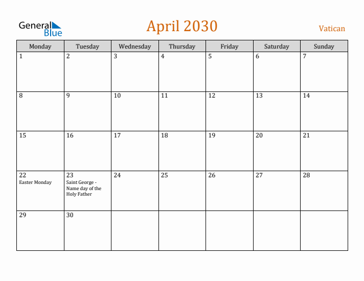 April 2030 Holiday Calendar with Monday Start