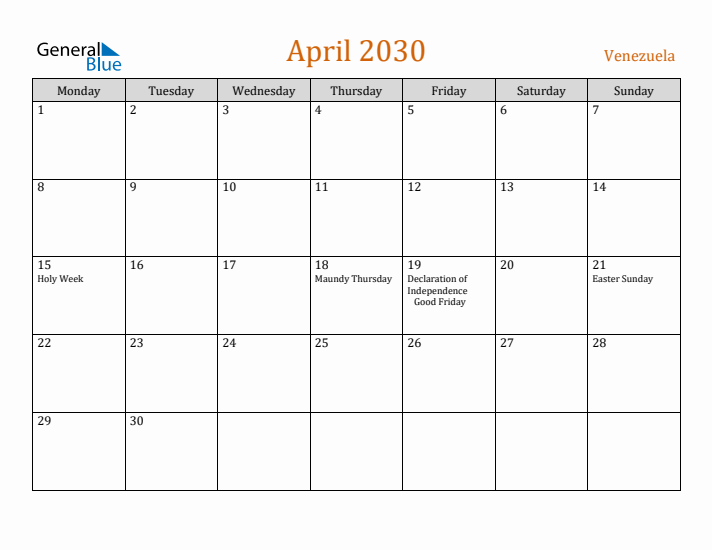 April 2030 Holiday Calendar with Monday Start