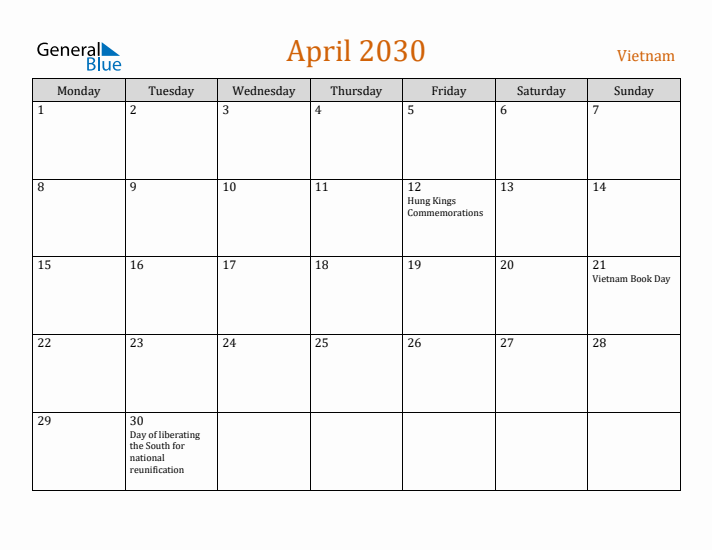 April 2030 Holiday Calendar with Monday Start