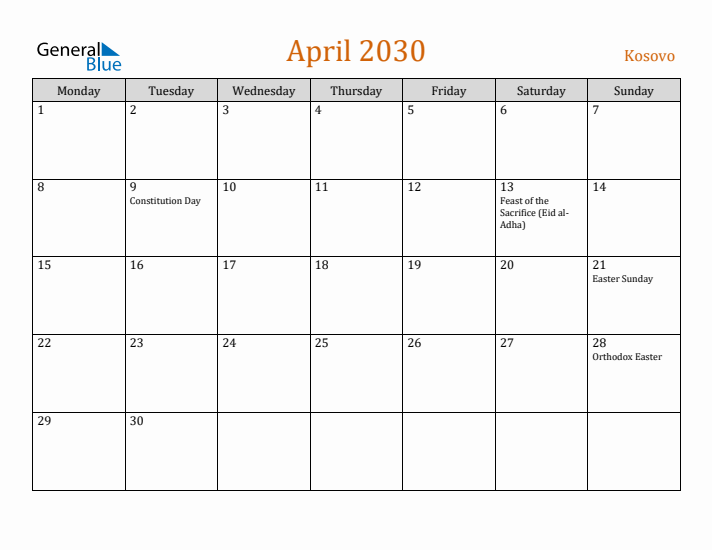 April 2030 Holiday Calendar with Monday Start