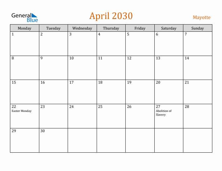 April 2030 Holiday Calendar with Monday Start