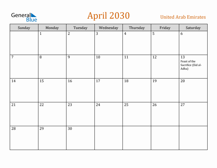 April 2030 Holiday Calendar with Sunday Start