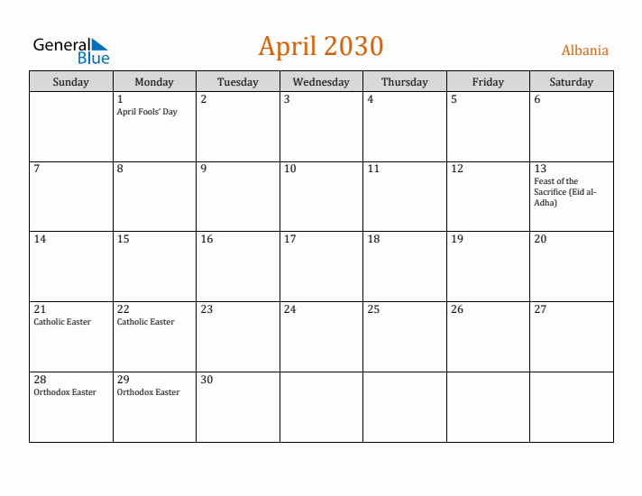 April 2030 Holiday Calendar with Sunday Start