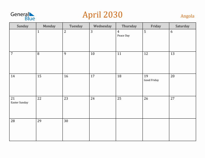 April 2030 Holiday Calendar with Sunday Start