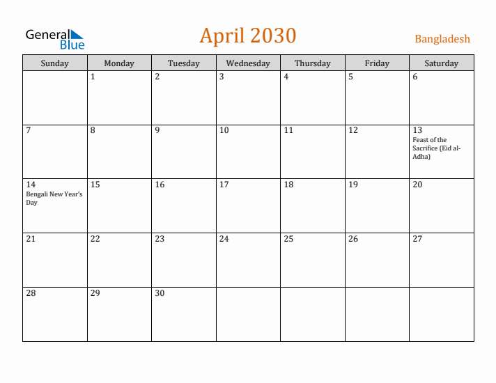 April 2030 Holiday Calendar with Sunday Start