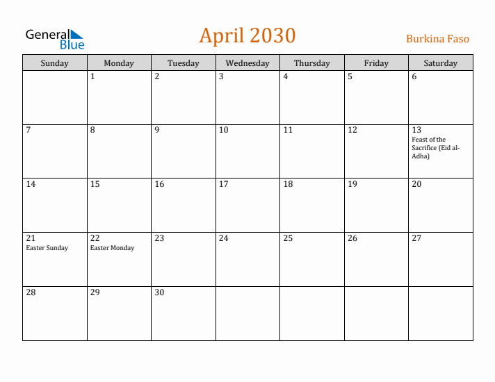 April 2030 Holiday Calendar with Sunday Start