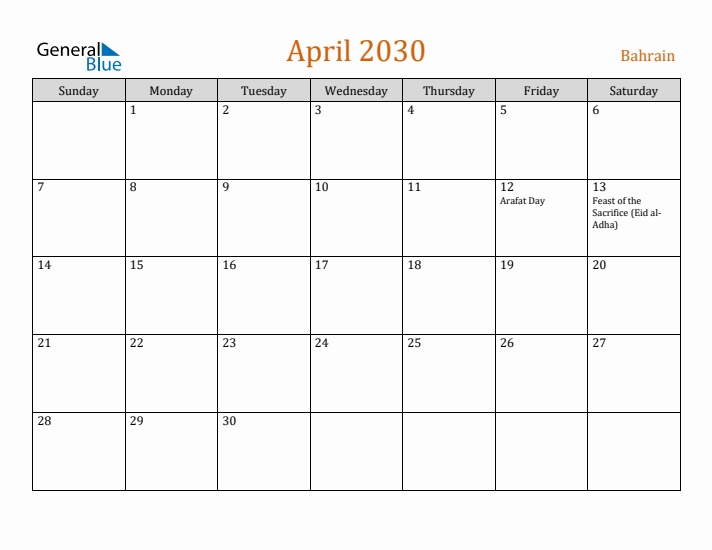 April 2030 Holiday Calendar with Sunday Start