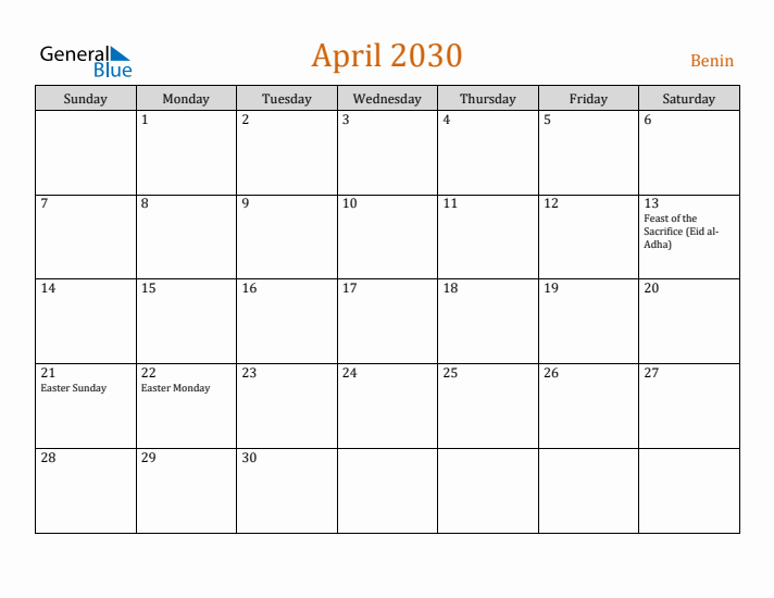 April 2030 Holiday Calendar with Sunday Start