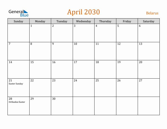 April 2030 Holiday Calendar with Sunday Start