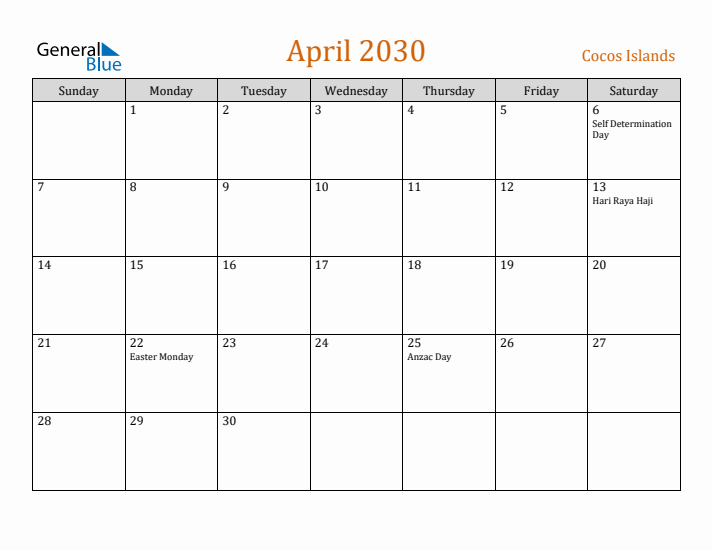 April 2030 Holiday Calendar with Sunday Start