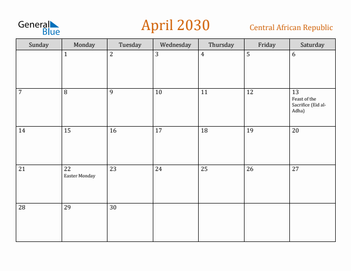 April 2030 Holiday Calendar with Sunday Start