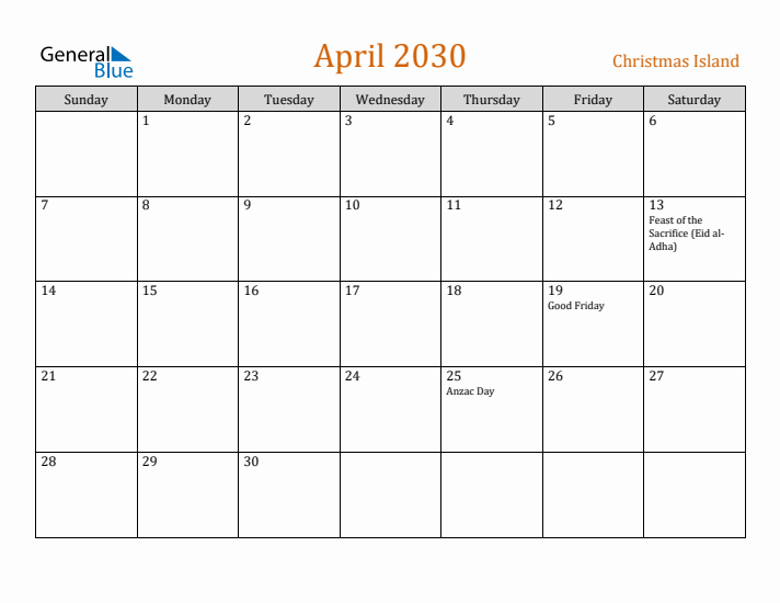 April 2030 Holiday Calendar with Sunday Start