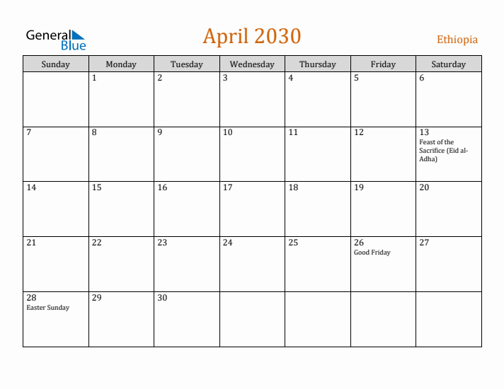 April 2030 Holiday Calendar with Sunday Start