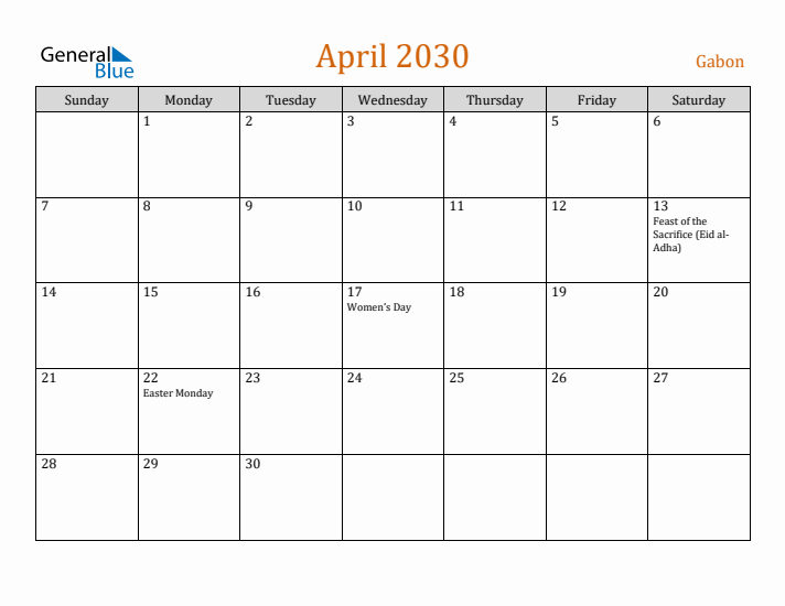 April 2030 Holiday Calendar with Sunday Start