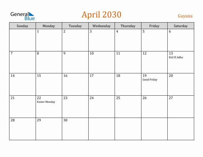 April 2030 Holiday Calendar with Sunday Start