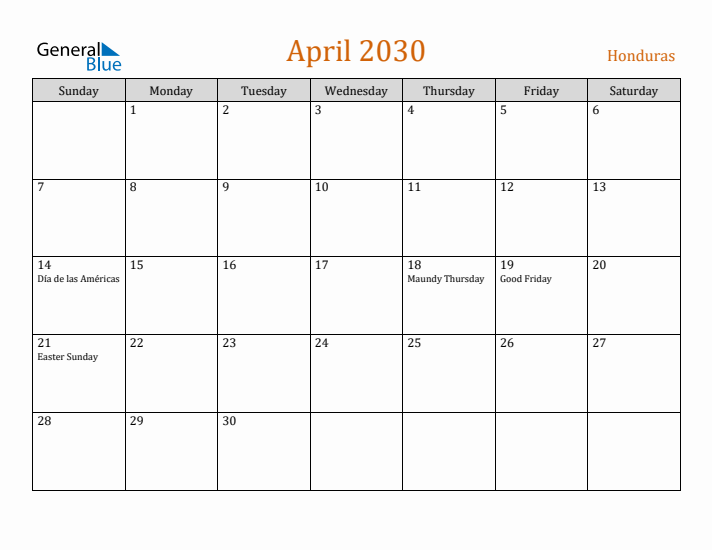 April 2030 Holiday Calendar with Sunday Start