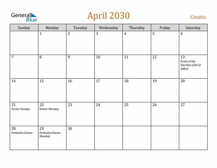 April 2030 Holiday Calendar with Sunday Start