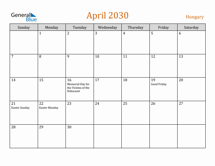 April 2030 Holiday Calendar with Sunday Start