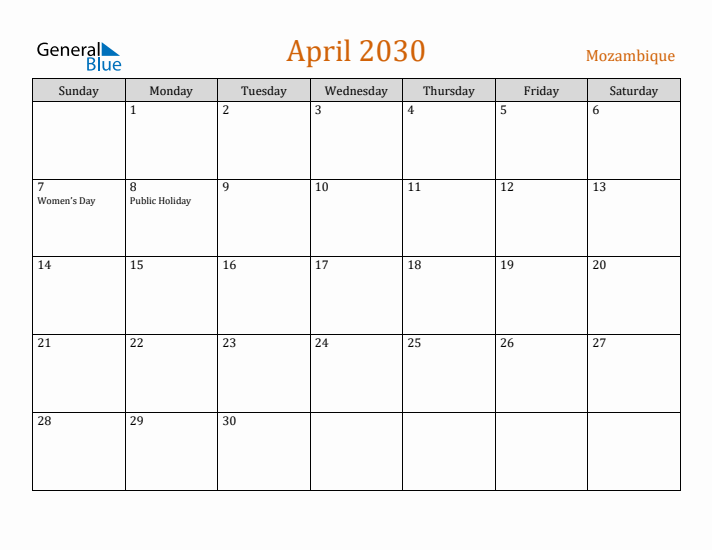 April 2030 Holiday Calendar with Sunday Start