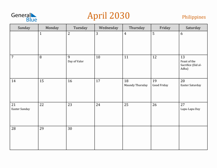 April 2030 Holiday Calendar with Sunday Start