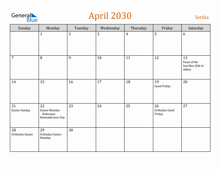 April 2030 Holiday Calendar with Sunday Start