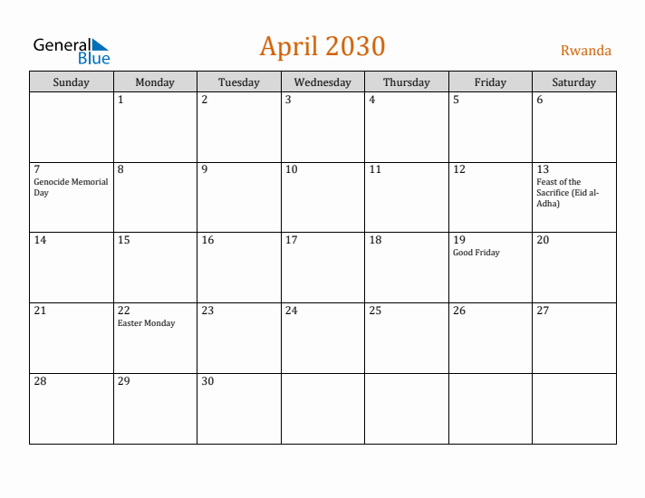 April 2030 Holiday Calendar with Sunday Start