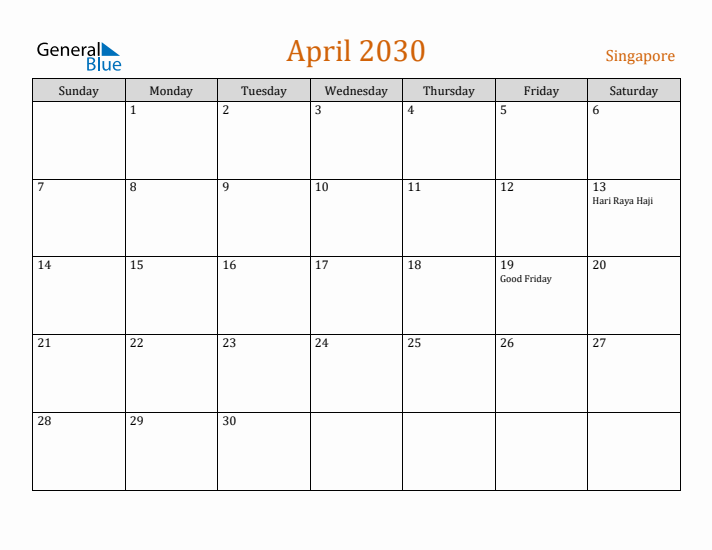 April 2030 Holiday Calendar with Sunday Start