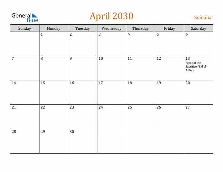 April 2030 Holiday Calendar with Sunday Start