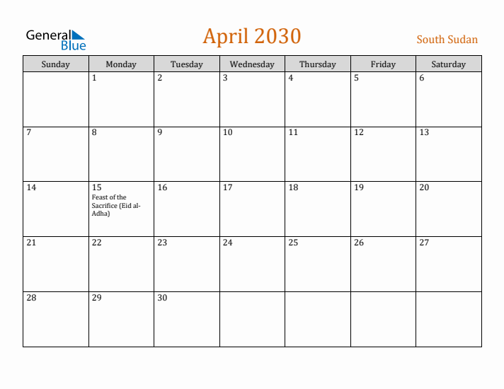 April 2030 Holiday Calendar with Sunday Start