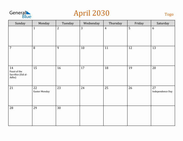 April 2030 Holiday Calendar with Sunday Start