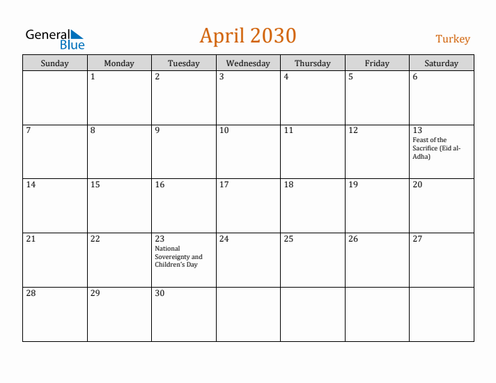 April 2030 Holiday Calendar with Sunday Start