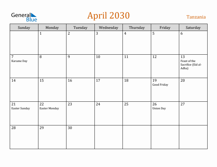 April 2030 Holiday Calendar with Sunday Start