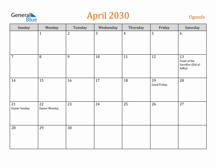 April 2030 Holiday Calendar with Sunday Start