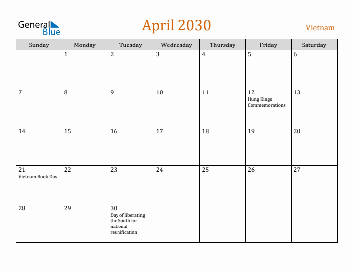 April 2030 Holiday Calendar with Sunday Start