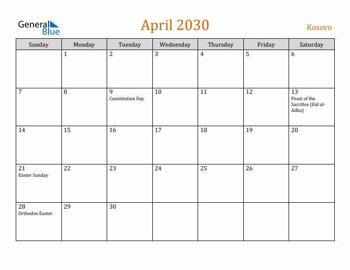 April 2030 Holiday Calendar with Sunday Start