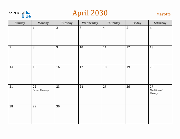 April 2030 Holiday Calendar with Sunday Start