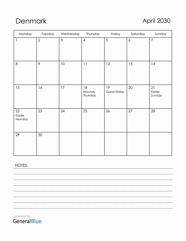 April 2030 Denmark Calendar with Holidays (Monday Start)