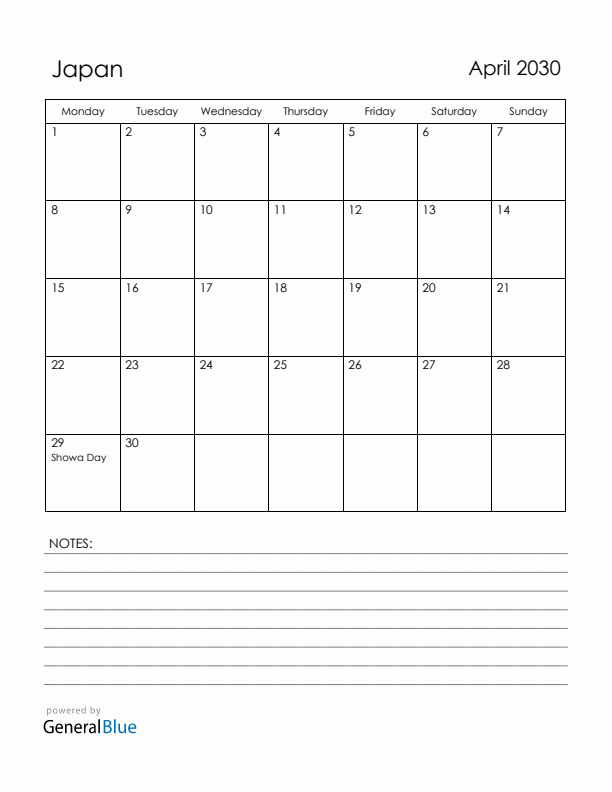 April 2030 Japan Calendar with Holidays (Monday Start)