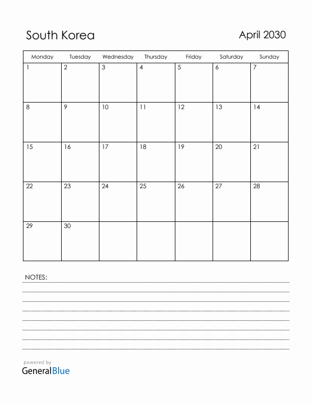 April 2030 South Korea Calendar with Holidays (Monday Start)