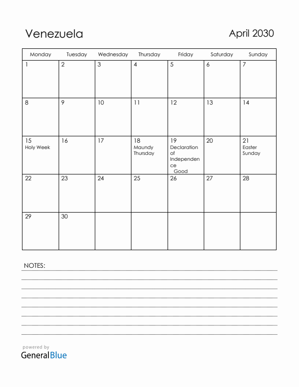 April 2030 Venezuela Calendar with Holidays (Monday Start)